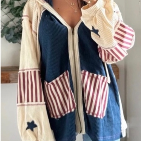 New POL Patriotic Patchwork Star Zip Up Hoodie with Stripes - Picture 5 of 7